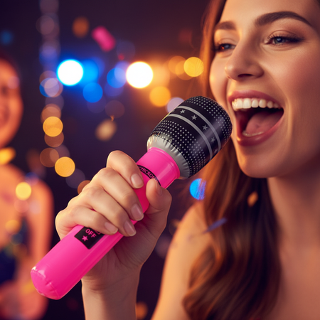 Person Singing Into Neon Pink Inflatable Microphone 25cm Proportionate
