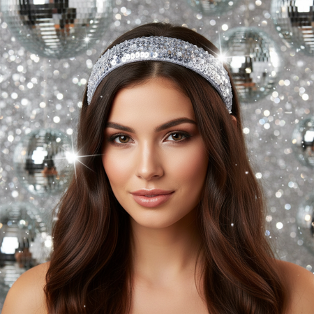 Person Wearing Silver Sequin Headband with Silver Disco Background