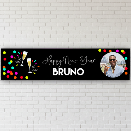 Personalised Bruno Happy New Year banner on a white brick wall