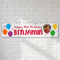 Personalised photo birthday banner on a white brick wall with soft light and shade, in square format