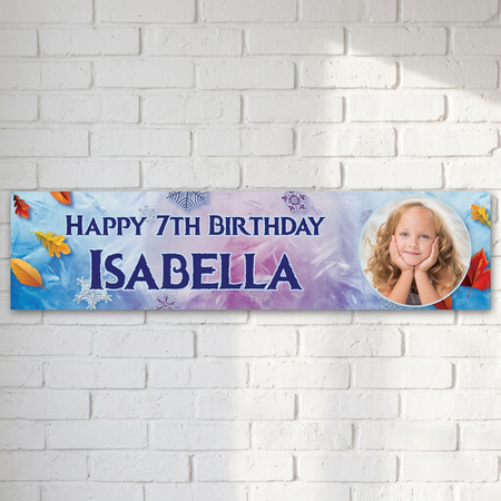 Personalised photo birthday banner on a white brick wall with soft light and shade, in square format