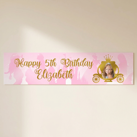 Personalised princess birthday banner on a cream wall with soft light and shade, in square format