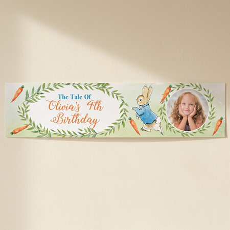 Personalised rabbit birthday banner on a cream wall with soft light and shade, in square format