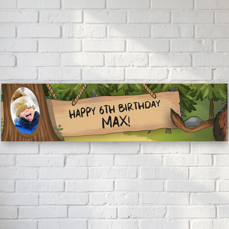 Personalised woodland photo banner on a white brick wall with soft light and shade, in square format