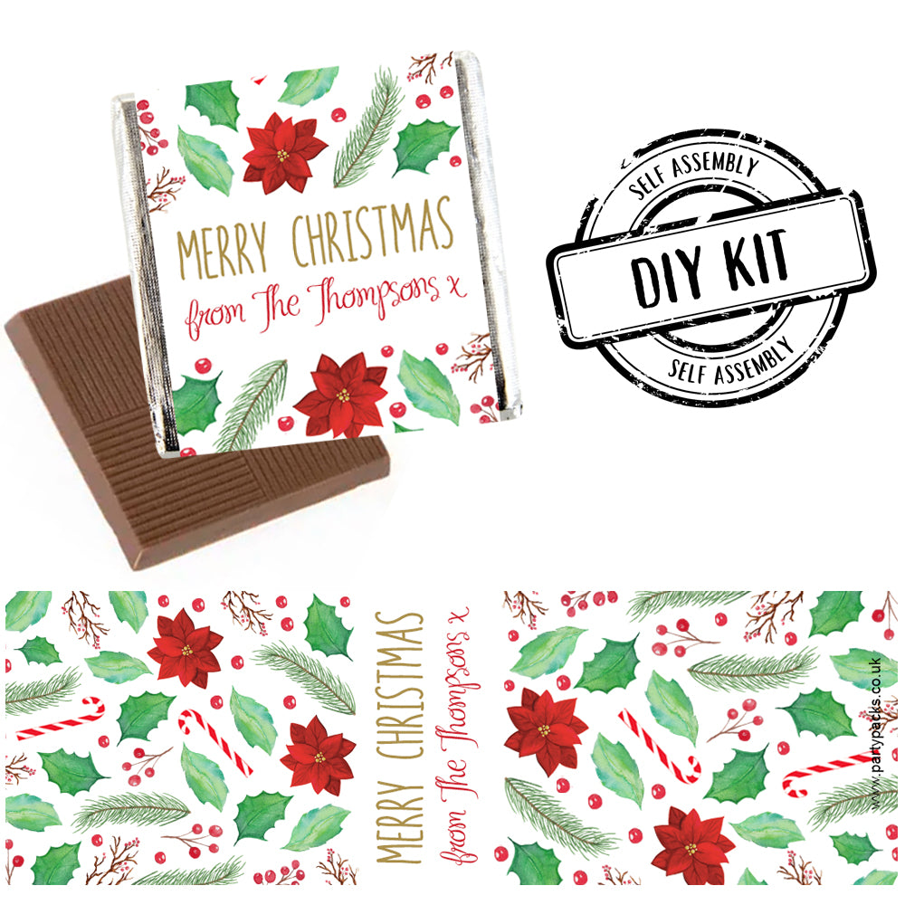 Holly & Poinsettia Christmas Personalised Square Chocolates - Pack of 16