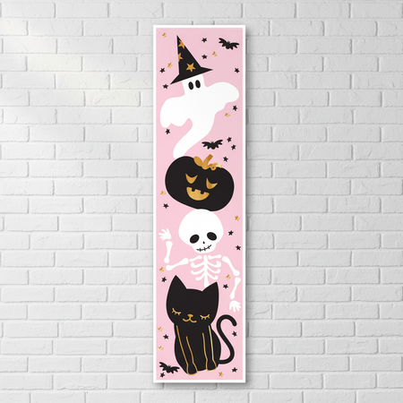 Pink Halloween Vertical Banner on White Brick Wall
