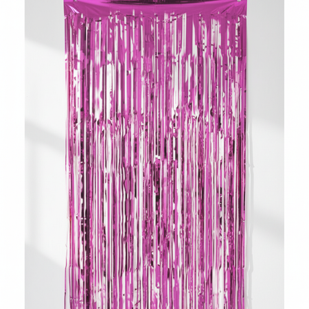Pink Metallic Foil Fringe Curtain on White Wall