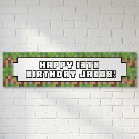 Pixel-style birthday banner on a white brick wall with soft light and shade, in square format