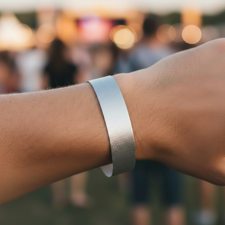 Plain Silver Metallic Festival Wristband on Wrist Close Up