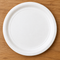 Plain white paper plate on a wood table