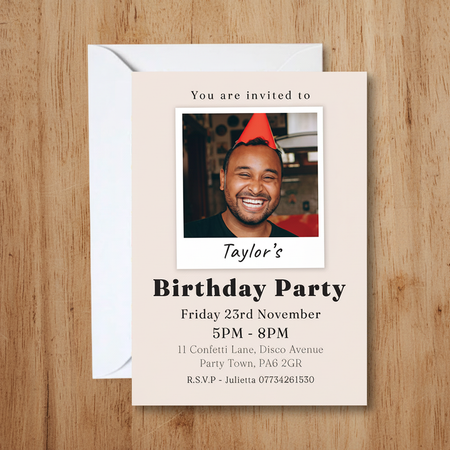 Polaroid Birthday Invitation on Wood Background