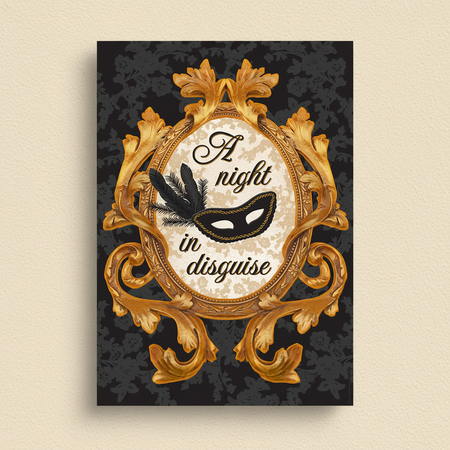 Portrait masquerade poster against a cream wall