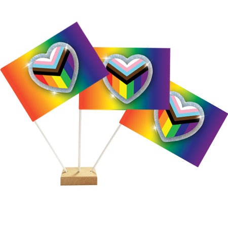 Pride Glitter Rainbow Paper Table Flags - 15cm x 10cm on 30cm Pole