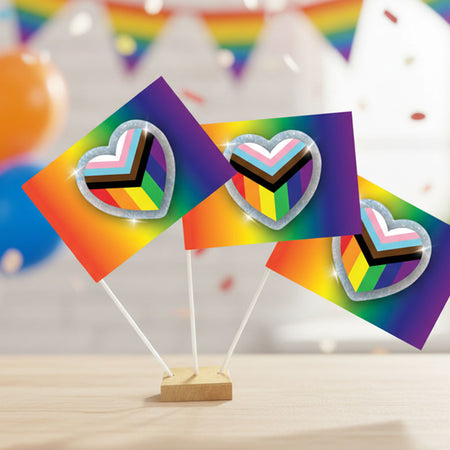 Pride Glitter Rainbow Paper Table Flags - 15cm x 10cm on 30cm Pole