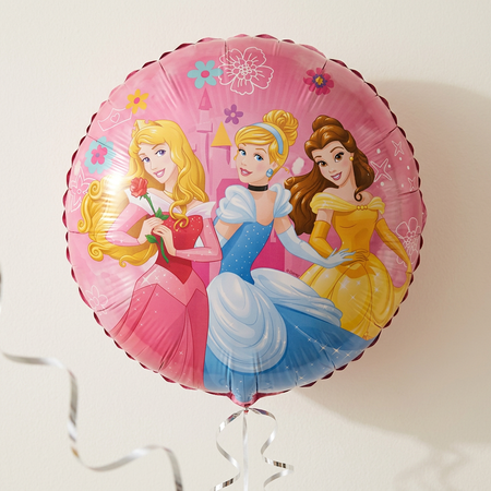 Princess balloon floating with silver curling ribbon against a neutral wall, in square format