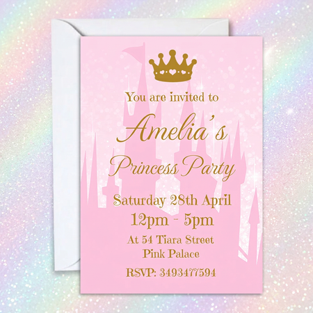 Princess invitation and envelope on an iridescent sparkle background, in square format