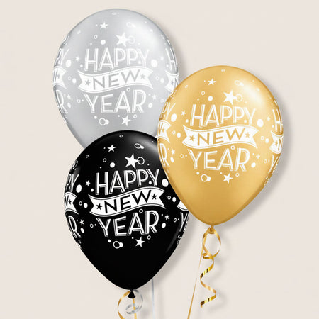 Happy New Year Black, Silver and Gold Qualatex Balloons - 27.9cm - Pack of 10