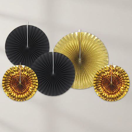 Black And Gold Assorted Fan Decorations - Pack Of 5