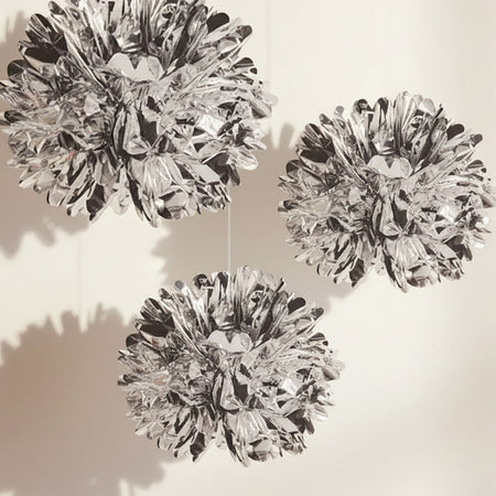 Silver Metallic Pom Pom Decorations - 41cm - Pack of 3