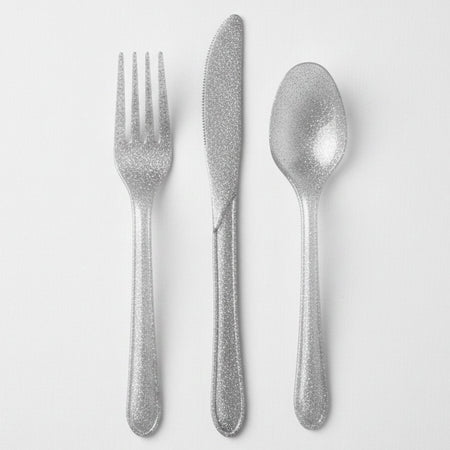 Silver Glitter Premium Reusable Cutlery - 18cm - Pack of 24