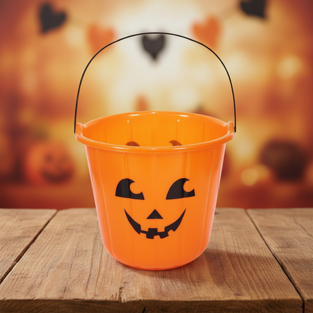 Pumpkin Bucket Empty on Wood Table