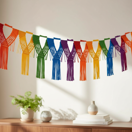 Rainbow Macrame Fringe Garland Boho Lifestyle Setting