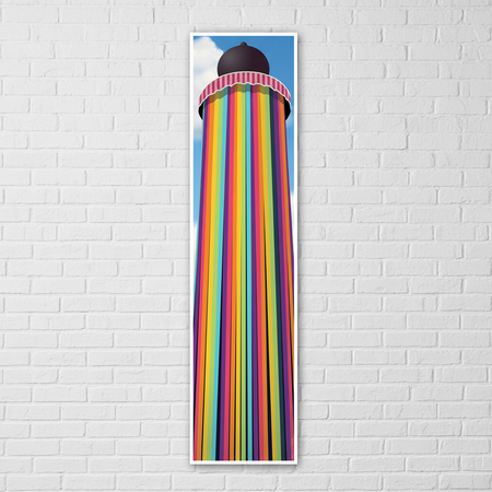 Rainbow Ribbon Tower Banner on White Brick Wall Festival Party