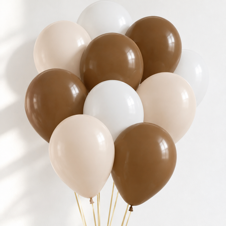 Realistic brown, white sand and white balloons floating against a white wall with soft light and shade, close up in square format