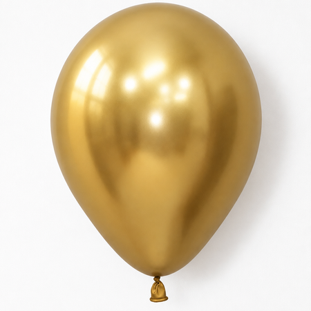 Realistic gold chrome balloon close up against a white wall with soft light and shade, in square format