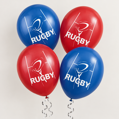 Realistic rugby balloons with silver curling ribbon against a neutral background with soft light and shade, in square format