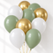 Realistic sage, white and gold balloons floating against a white wall with soft light and shade, close up in square format