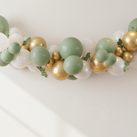 Realistic white, sage green and gold balloon arch with green eucalyptus foliage