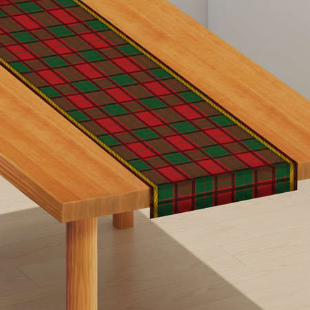 Red and green tartan runner in a neutral room