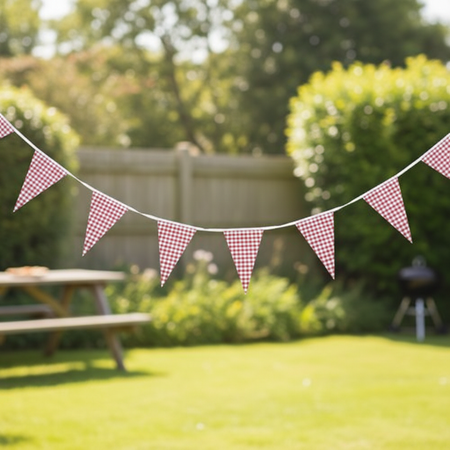 Red and white gingham bunting in garden setting