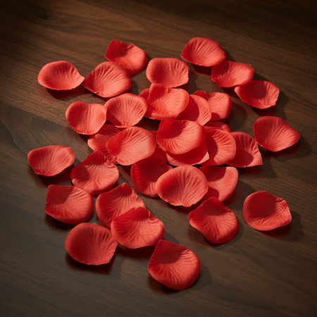 Red Silk Rose Petals Scattered on Table