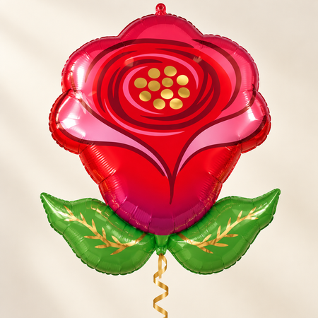 Rose balloon floating with gold curling ribbon against a softly lit neutral background, in square format