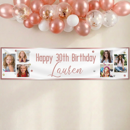 Rose-gold photo banner on a softly lit cream wall, with the balloon arch cropped off the top and sides in square format