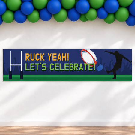Rugby banner with matte blue and green balloons