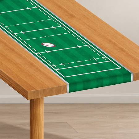 Rugby pitch table runner in the same close-up position with a neutral background and floor, in square format