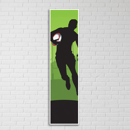 Rugby Player Banner on White Brick Wall
