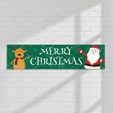 Santa Reindeer Merry Christmas Banner on White Brick Wall