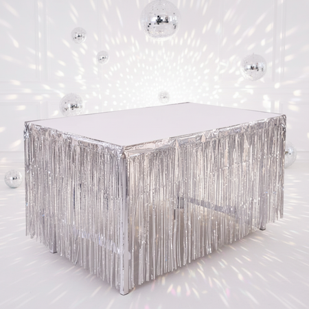 Silver Fringe Table Skirt Bright Disco