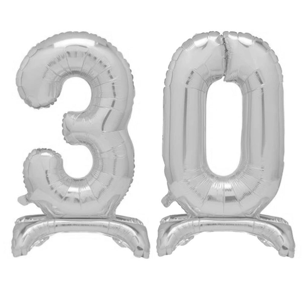 Silver Number 30 AirFilled Standing Balloons 30" Party Packs