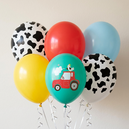 Six farm balloons floating with silver curling ribbon against a neutral wall with soft light and shade, close up in square format
