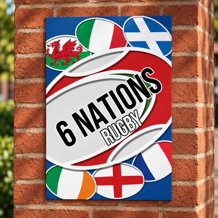 Six Nations rugby poster close up on a red brick pillar with natural light and shade, in square format