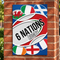 Six Nations rugby poster close up on a red brick pillar with natural light and shade, in square format