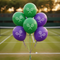 Six Tennis Print Balloons with Ribbon and Blurred Tennis Court