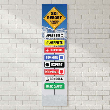 Ski Signpost Banner on White Brick Wall