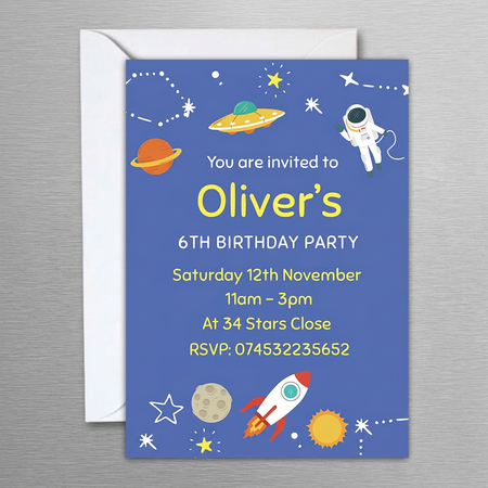 Space invitation and envelope on a brushed silver metal background