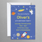 Space invitation and envelope on a brushed silver metal background